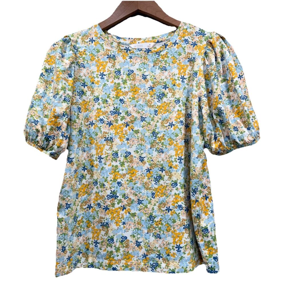 LC LAUREN CONRAD Women Size M Yellow Floral Puff Sleeve Short Sleeve Cotton Top